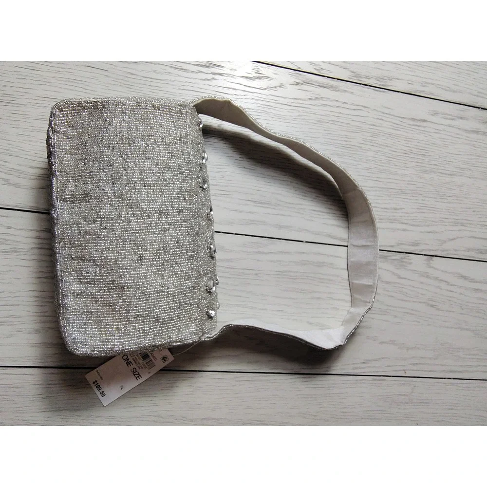 On 34th Silver Beaded Rhinestone Baguette Shoulder Bag Evening‎ Clutch NWT
